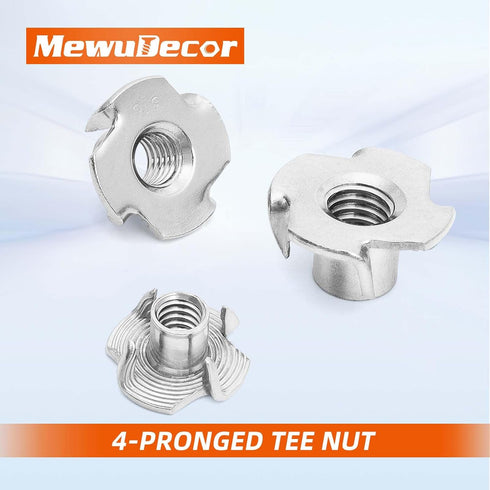 MewuDecor M10 12mm, 304 4-Pronged 10 T-Nut, Barrel Length Stainless Steel Threaded Insert, Tee Nut for Wood, Rock