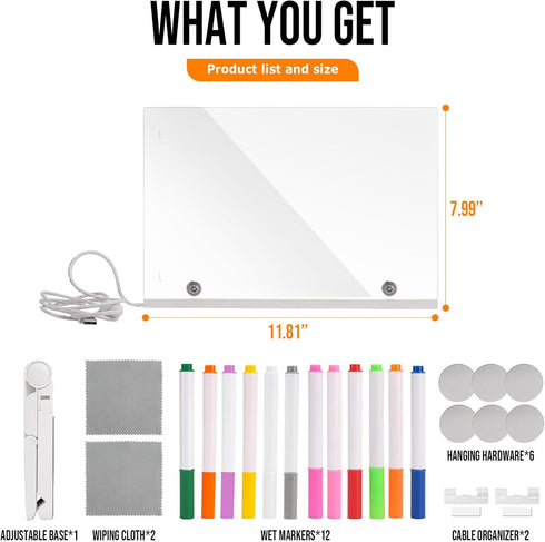 LED Note Board with Multicolor Light Control - 11.8 x 7.9 Inch Magnetic Acrylic Writing Board for Home, Office, School