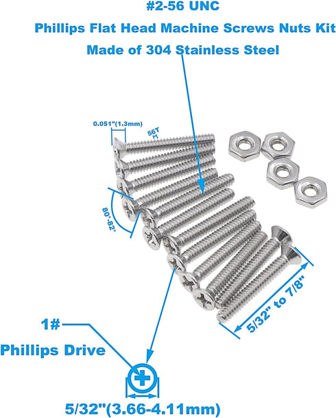#2-56 UNC Stainless Steel Phillips Flat Head Machine Screws Nuts Assortment Kit