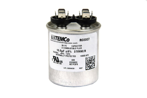 TEMCo Round Run Capacitor, 10 uf/MFD, 370 VAC Volts, 50/60 Hz AC Electric - Lot -1