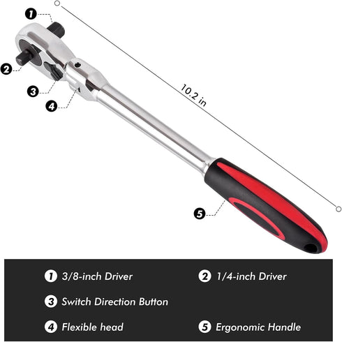 Dual 3/8 and 1/4 Drive Flex Head Ratchet, 72-Tooth 3/8 Ratchet Flex-Head Wrench with Quick-release and Reversible Switch (3/8 and 1/4 Flex-Head) by wanlvkang