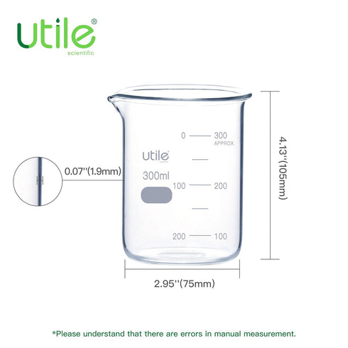 Utile 300ml Low Form Glass Beakers, 10 Pcs Borosilicate 3.3 Glass with Printed Graduation