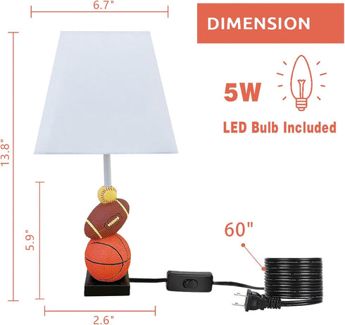 HERBESTBAY 14 Inch Bulb Kids Table Lamp, Football, Basketball & Baseball Design with Cute Lampshade, Sports-Themed lamp
