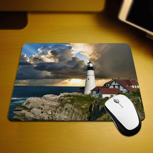 Gaming Mouse Pad, Portland Head Lighthouse Maine Sun Rays, Non-Slip Rubber for Computers, 9.5 x 7.9 Inch
