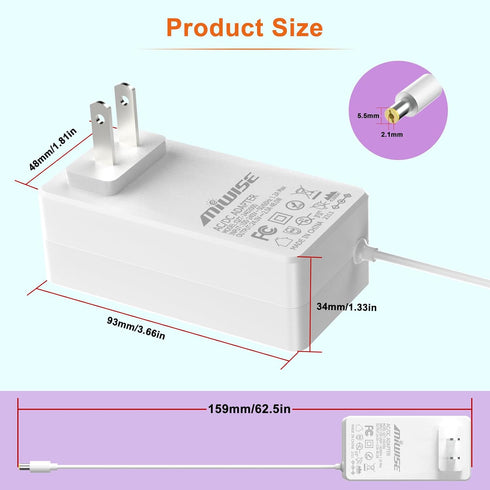 Power Supply Adapter DC24 2A 48W AC to DC Converter Transformer 100-240V AC Input,forfor COB LED Strip, CCTV Camera,White,2.1mm X 5.5mm US Plug