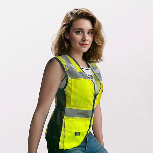Women's Reflective Vest, Hi Vis Neon Safety Vest with 11 Pockets, Zipper, ANSI Compliant (U-Yellow, S)