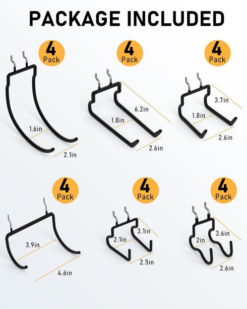 INCLY 24 Pack Heavy Duty Large Black Pegboard Hooks, 1/4 Inch Utility Hook Accessories for Hanging Tools