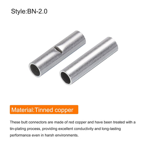 MECCANIXITY 400Pcs Non Insulated Butt Connectors BN-2.0 for 16-14AWG Electrical Wire Crimp Ferrule Terminals