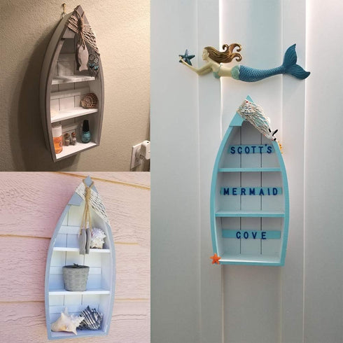 Sailboat Wooden Shelf Small Nautical Sail Boat Decor Coastal Beach Themed Ornaments for Home Bathroom Room Bedroom (C)