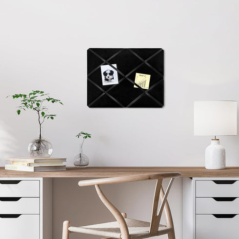 Black Velvet Fabric Memo Bulletin Board, 17x13 inches Criss-Cross Ribbons for Home Office School Wall Decor