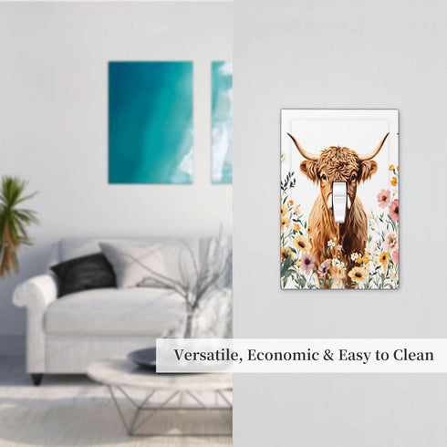 HTSAHKV 3 5 Inch Cute Highland Cow Flower Wall Plate Light Switch Cover Single Gang Outlet Faceplate Print Plate Cover