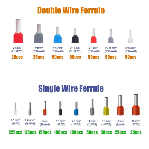 Wire Ferrule Kit,1200pcs Single and Dual Barrel Ferrules Terminal Set, Twin Ferrule Connectors Wire Ends Terminals Pins, AWG10~22 Single-Line Ferrules and AWG6~22 Twin Wire Ferrule Set