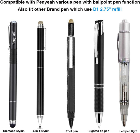 Penyeah D1/2.75" Ballpoint Pen Refills - 4-in-1 Stylus/Diamond Stylus/Lighted Tip Pen/Led Pen Light, 0.7mm Fine Point