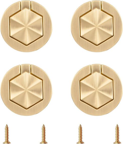 4Pcs Hexagon Pocket Doors Drawer Handle Flush Ring Pull, Zinc Alloy Gold Knobs for Cabinets, Closets, Drawers