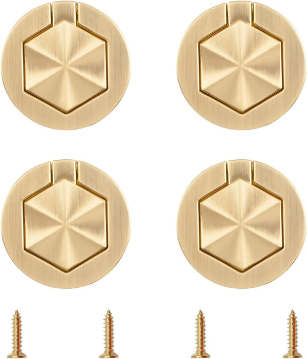 4Pcs Hexagon Pocket Doors Drawer Handle Flush Ring Pull, Zinc Alloy Gold Knobs for Cabinets, Closets, Drawers