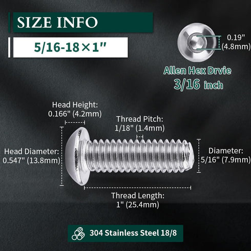 5/16-18 x 1" Button Head Socket Cap Bolts Screws, 304 Stainless Steel 18-8, Full Thread, Coarse Thread, 20 PCS, Allen