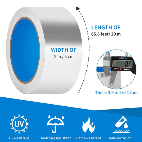 Thicker Silver Aluminum Foil Tape, 2-inch x 65 Feet, Heavy Duty HVAC Tape for Ductwork, Sealing & Patching