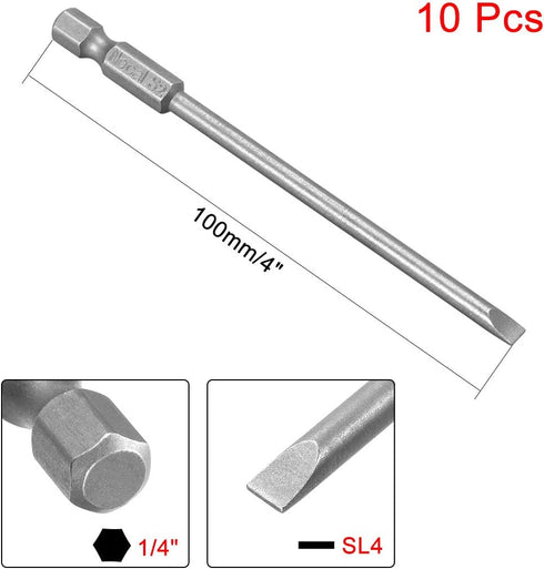 uxcell 10 Pcs 4mm Slotted Tip Magnetic Flat Head Screwdriver Bits - 1/4 Inch Hex Shank, 4-inch Length S2 Power Tool
