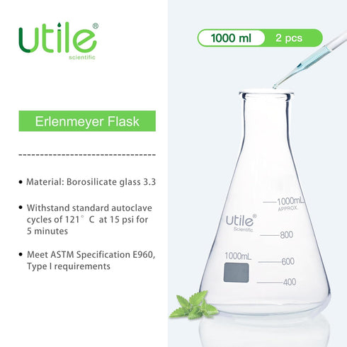 Utile 1000ml Glass Erlenmeyer Flask Set, 2pcs Narrow Mouth Borosilicate 3.3 Conical Flasks for Laboratory with Printed