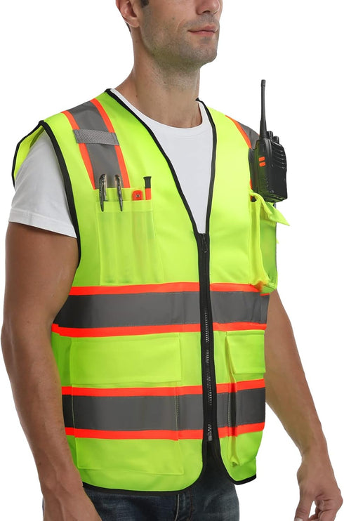 9 Pockets High visibility Class 2 Safety Vest Hi Vis Vest with 2 inch wide Reflective Strips security vest with Zipper construction work vest for men &women Lime Large