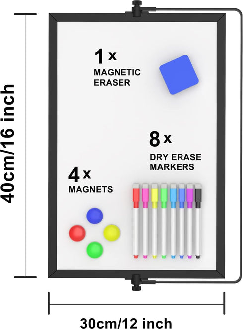 OWill Black Dry Erase White Board - 16inX12in Large Magnetic Desktop White Board with Stand, Portable Double-Sided Easel