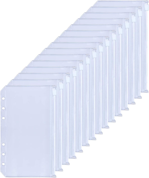 HAUTOCO 15PCS A6 Binder Pockets - 6-Hole Budget Envelopes Planner Inserts for A6 6-Ring Binders, Clear PVC Zipper Pouch