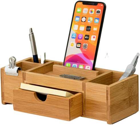 Bamboo Desk Organizer - Durable Wood with Drawers, Storage Compartments, Pen Holder, Phone Holder for Office
