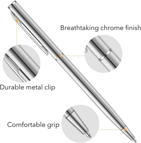 Unibene 6 Pack Slim Stainless Steel Retractable Ballpoint Pens, Medium Point (1 mm) - Black Ink Gift Set