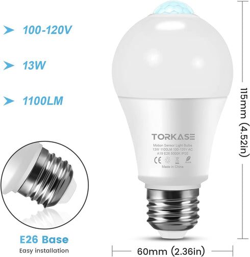 Motion Sensor Light Bulbs, 13W (100Watt Equivalent), Motion Activated Dusk to Dawn Security LED Bulb, 5000K Daylight, Energy-Efficient, for Indoor and Outdoor Lighting, Porch, Stairs, Hallway 4Pack by Torkase