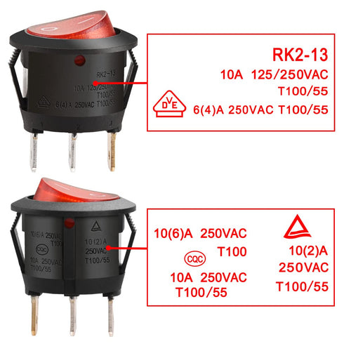 Round Rocker Switch ON-Off SPST, 3 Terminals Red Light, 10A 250VAC, 5 Pack.