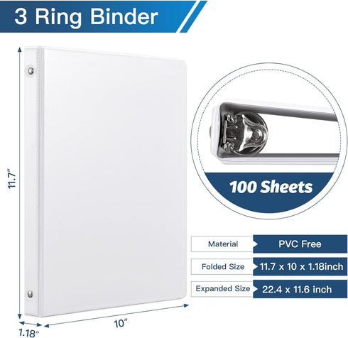 SUIN 1/2'' 3 Ring-Binders, 0.5 inch View-Binder, 100 Sheet Capacity, 12 Pack White for Office and School Use