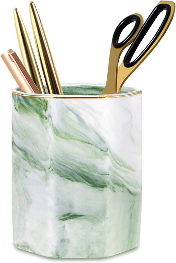 WAVEYU Pencil Holder, Cute Marble Decorative Pencil Cup for Desk, Makeup Brush Holder, Durable Ceramic Organizer