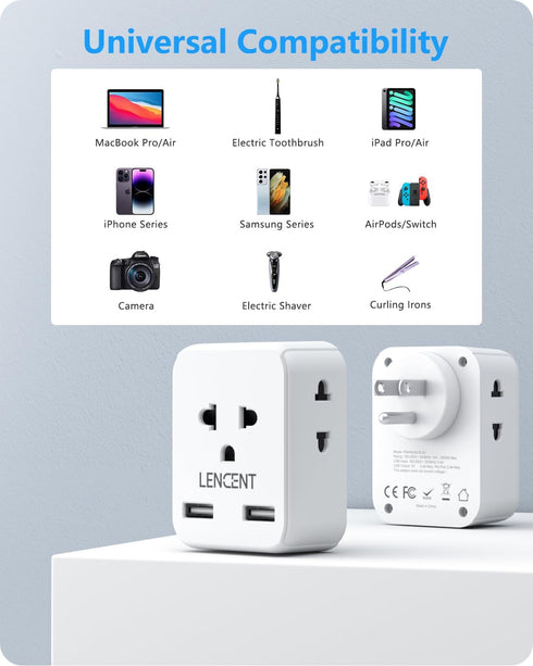 LENCENT EU to US Plug Adapter, European to USA Outlet Adaptor with 2 USB, Europe to American Outlet, 3-Sided Outlet