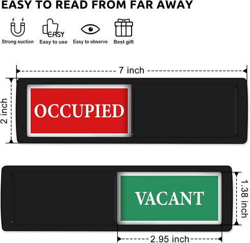 Privacy Sign - Vacant Occupied Indicator for Home Bathroom Office, Easy to Read Magnetic Slider - Black