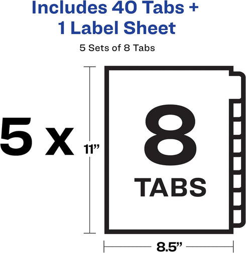 8 3 5 Sets (11422) Avery Tab Dividers for Ring Binder, Easy Print & Apply Clear Label Strip for Copiers, Index Maker