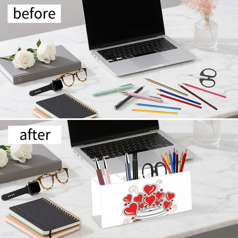 Ainavmxzs 4 Cute Red Hearts Acrylic Makeup Cup Holder With Compartments Makeup Brush Holder Organizer Brush Storage Bar