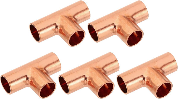 PATIKIL 1/2" ID 1mm Thick Tee Copper Fitting, 5pcs 99.9% Pure Copper 3 Way Pipe Fitting with Sweat Connection