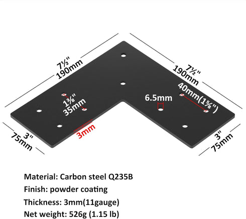 4 Pcs Flat L Tie Plates for 4x4, 6x6 Post, 3"W x 7-1/2"L, Flat Corner Brace L Shaped Beam Connector