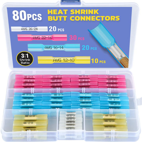 haisstronica 80PCS Marine Grade Heat Shrink Butt Connectors, AWG 26-10 Waterproof Tinned Red Copper Connectors