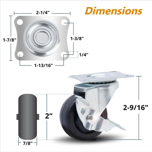 2 Inch Set 4 264 lbs (2 2 (17211) POWERTEC Swivel Caster Wheels of with Loads with Brakes & Without), Rubber Castor