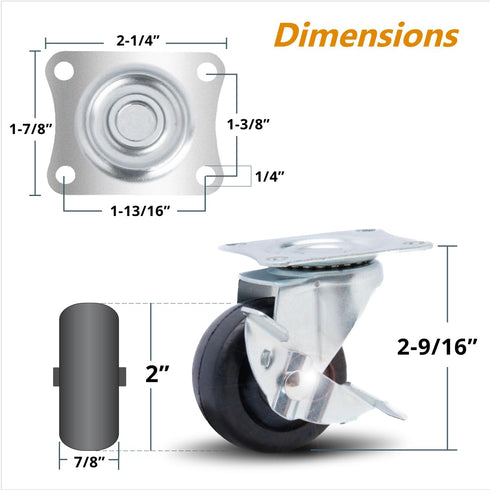 POWERTEC 2 Inch Swivel Caster Wheels Set of 4 with 264 lbs Loads (2 with Brakes & 2 Without), Heavy Duty Plate Casters, Rubber Castor Wheels for Furniture, Cart, Dolly and Workbenches (17211V)