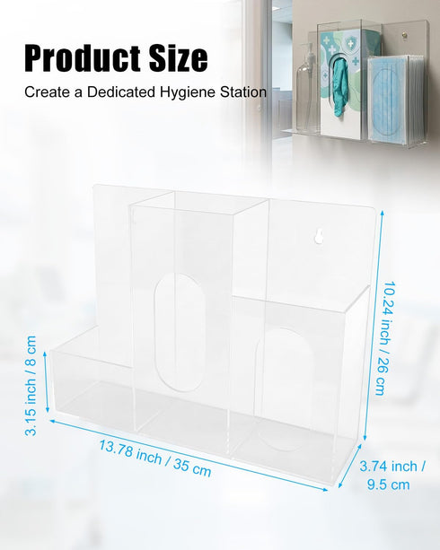 JVWKPU 3-Compartment Triple Hygiene Dispenser Station, Clear Acrylic PPE Organizer for Masks, Gloves & Hand Sanitizer