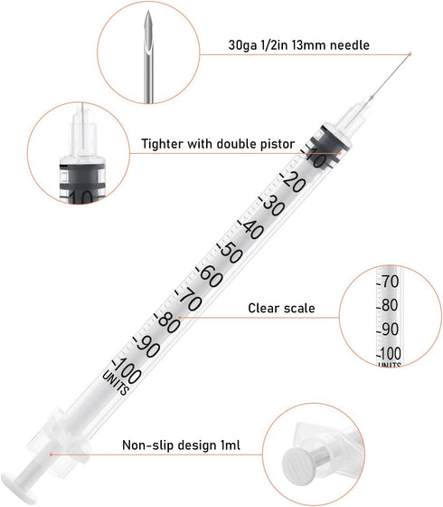 U 100 1cc Syringe 1ml 30 Gauge 1/2 inch 13mm Disposable Lab Supplies, Individually Sealed - 100 per Box