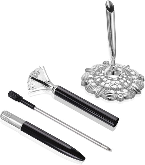 Hollow Round Pen Holder Signing Pen Set, Big Diamond Crystal Pen for Wedding, Graduation Office (Black Ink)