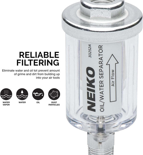 NEIKO 30252A Water and Oil Separator for Air Line 2 Pack | 1/4" NPT Inlet and Outlet, 90 PSI, Air Compressor and Air Tool Accessory | Protect Lifespan of Pneumatic Tools | Water Moisture Filter Dryer by NEIKO