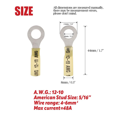 Hilitchi 50Pcs Nylon Heat Shrink Ring Insulated Terminals - Electrical Wire Crimp Connector (12-10AWG, 5/16'')