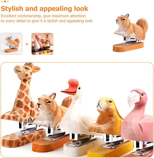 Wooden Animal Stapler Set, Squirrel Desktop Stapler, Handmade Wood Carving for Office Stationery