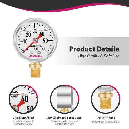 0-60psi Glycerin Filled Fuel Pressure Gauge, 1-1/2" Dial Size, 304 Stainless Steel Case for Measuring Fuel Pressure