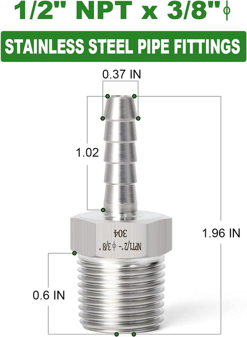 TAISHER 5PCS Forging 304 Stainless Steel Air Hose Fittings, Hose Barb Fittings 3/8" Barb x 1/2" MNPT Pipe Adapter