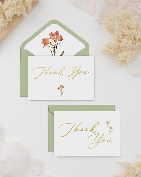 50 Pack 4x6 Inches, MAOBUYOU Floral Thank You Cards with Envelopes, Bulk Greeting Cards Green Envelopes